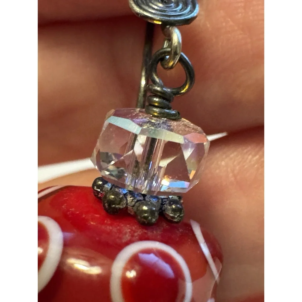 Lampwork Earrings Handmade Red White Blue Glass Bead Dangle Hooks Circle Dots